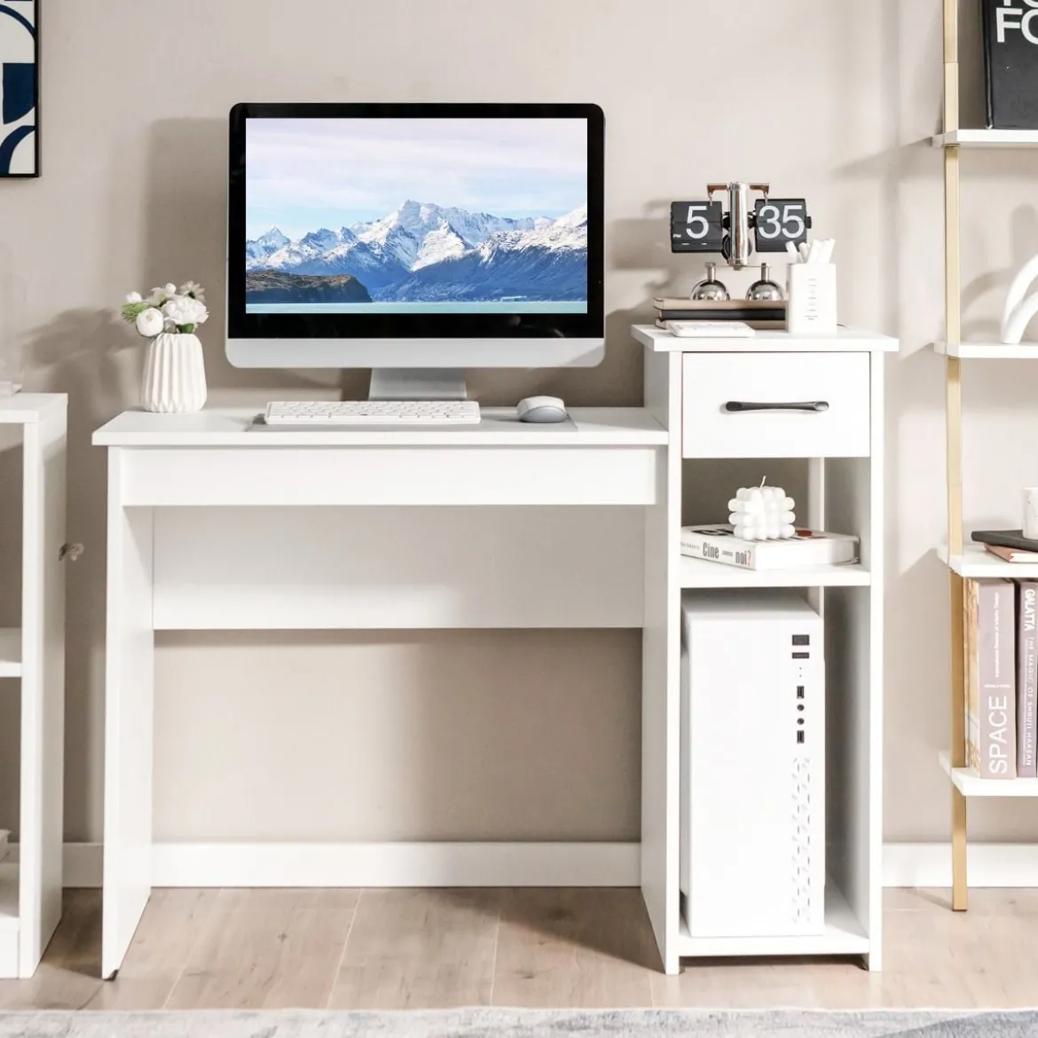 Schreibtisch mit Schublade & offenen Regalen Computertisch aus Holz 102 x 50 x 82 cm Weiß