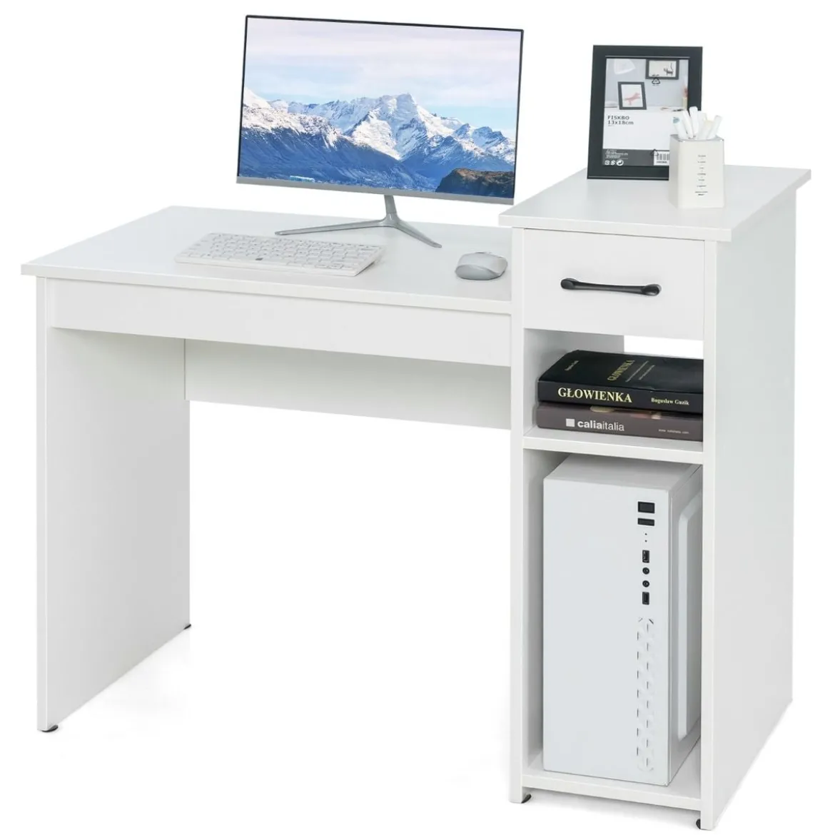Schreibtisch mit Schublade & offenen Regalen Computertisch aus Holz 102 x 50 x 82 cm Weiß