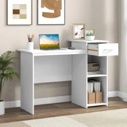 Schreibtisch mit Schublade und verstellbarem Regal Computertisch mit Kabelloch 110 x 50 x 82 cm Weiß