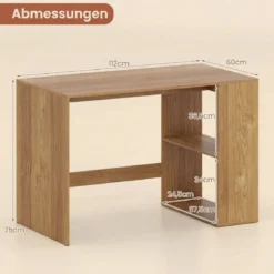 Schreibtisch mit Stauraum & 2 Offenen Seitenregalen Platzsparender Computertisch PC-Tisch Natur