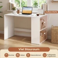 Schreibtisch mit Stauraum & 2 Offenen Seitenregalen Platzsparender Computertisch PC-Tisch Weiß