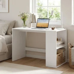 Schreibtisch mit Stauraum & 2 Offenen Seitenregalen Platzsparender Computertisch PC-Tisch Weiß