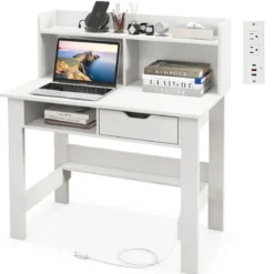 Schreibtisch mit Steckdosen Kleiner Computertisch mit Aufsatz 95 x 56 x 109,5 cm Weiß/Schwarz