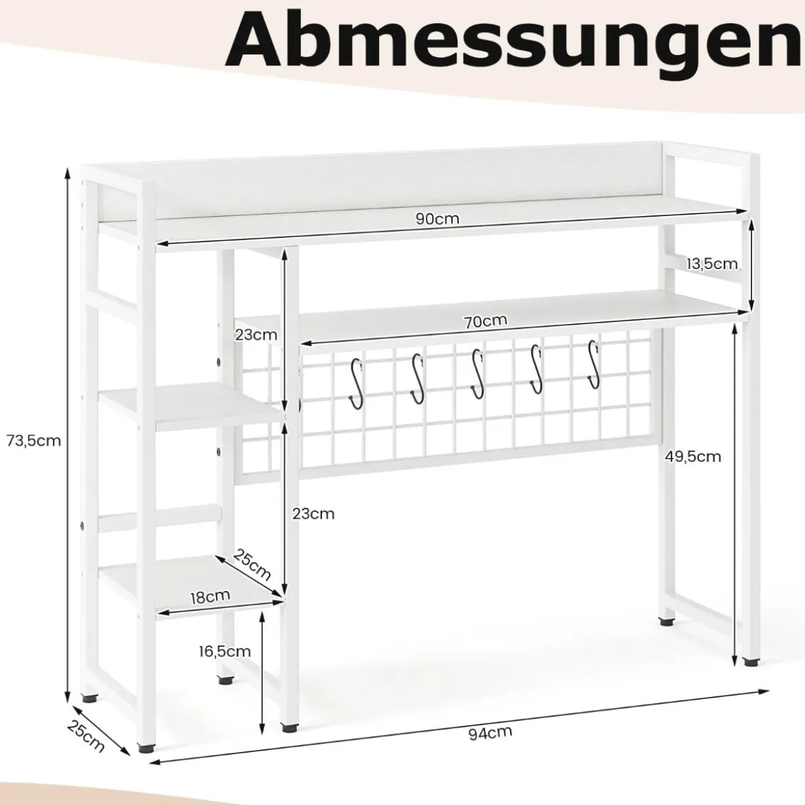 Schreibtischregal mit 4 Ablage & 6 Haken Tischregal Schreibtisch Aufsatzregal Bücherregal Weiß