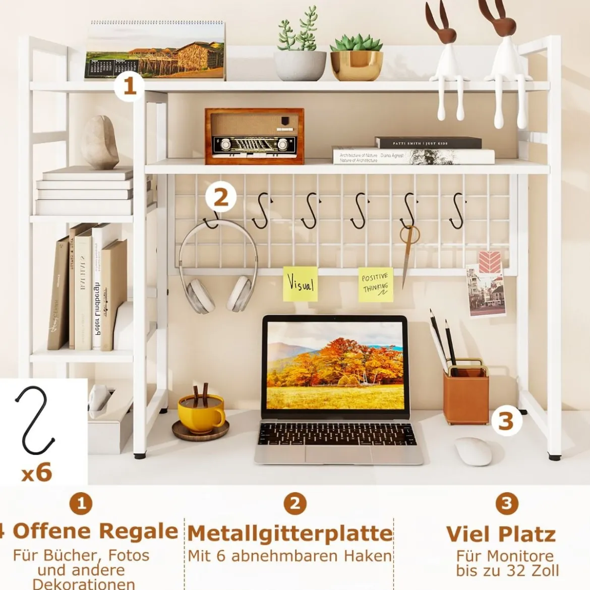 Schreibtischregal mit 4 Ablage & 6 Haken Tischregal Schreibtisch Aufsatzregal Bücherregal Weiß