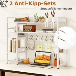 Schreibtischregal mit 4 Ablage & 6 Haken Tischregal Schreibtisch Aufsatzregal Bücherregal Weiß