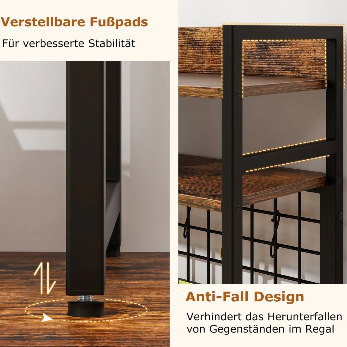 Schreibtischregal mit 4 Ablage & 6 Haken Tischregal Schreibtisch Aufsatzregal Bücherregal Braun