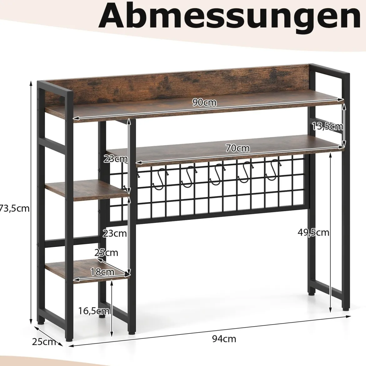 Schreibtischregal mit 4 Ablage & 6 Haken Tischregal Schreibtisch Aufsatzregal Bücherregal Braun
