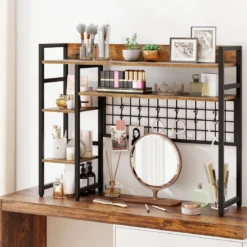 Schreibtischregal mit 4 Ablage & 6 Haken Tischregal Schreibtisch Aufsatzregal Bücherregal Braun