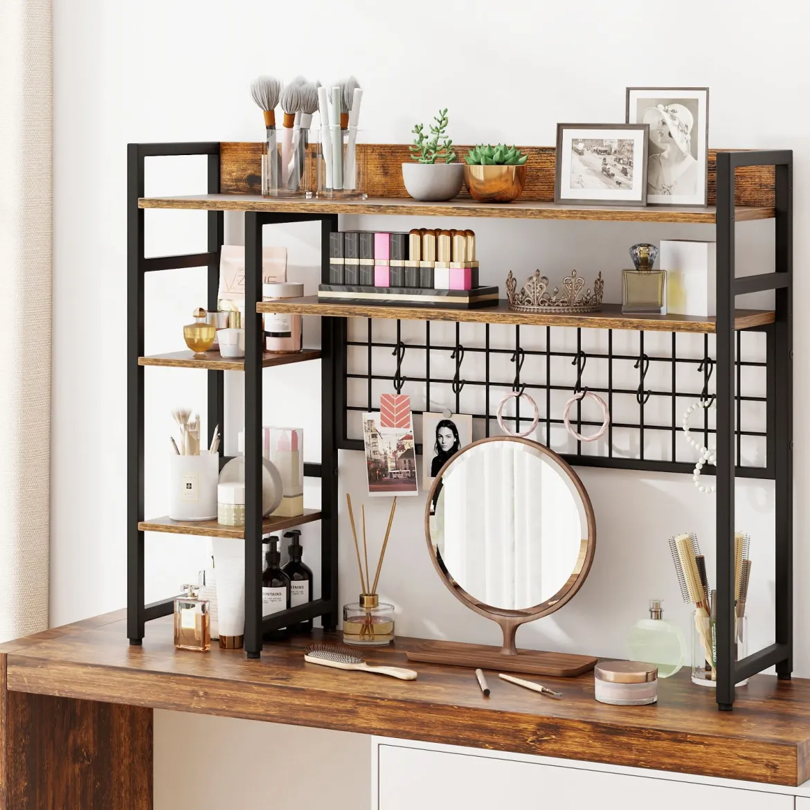 Schreibtischregal mit 4 Ablage & 6 Haken Tischregal Schreibtisch Aufsatzregal Bücherregal Braun