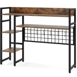 Schreibtischregal mit 4 Ablage & 6 Haken Tischregal Schreibtisch Aufsatzregal Bücherregal Braun