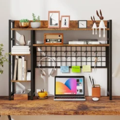 Schreibtischregal mit 4 Ablage & 6 Haken Tischregal Schreibtisch Aufsatzregal Bücherregal Braun