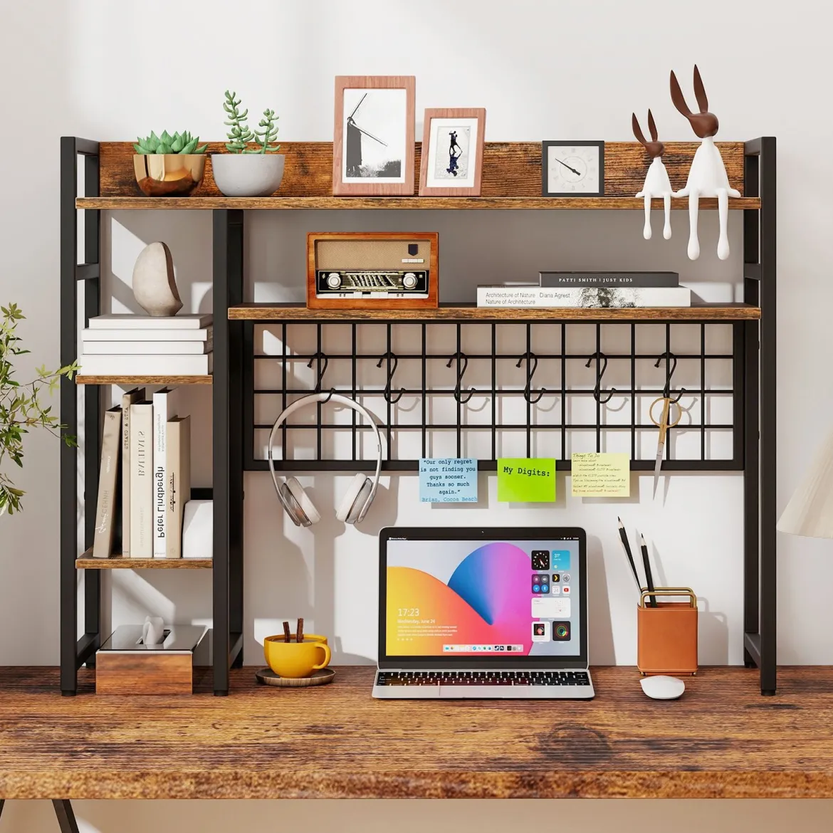 Schreibtischregal mit 4 Ablage & 6 Haken Tischregal Schreibtisch Aufsatzregal Bücherregal Braun