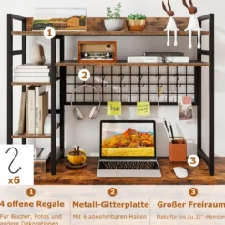 Schreibtischregal mit 4 Ablage & 6 Haken Tischregal Schreibtisch Aufsatzregal Bücherregal Braun