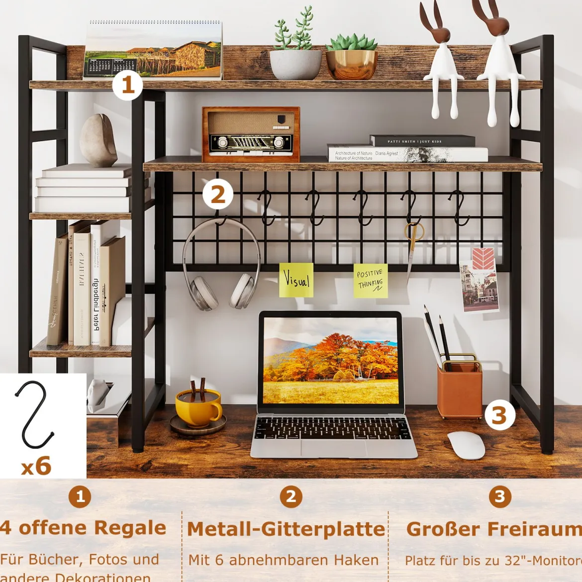 Schreibtischregal mit 4 Ablage & 6 Haken Tischregal Schreibtisch Aufsatzregal Bücherregal Braun