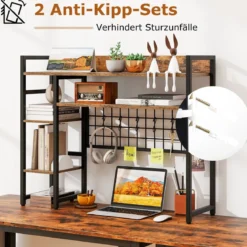 Schreibtischregal mit 4 Ablage & 6 Haken Tischregal Schreibtisch Aufsatzregal Bücherregal Braun