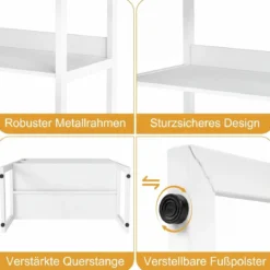 Schreibtischregal mit Absturzsicherung & Verstellbaren Fußpolstern 3-stufiges Bücherregal Weiß