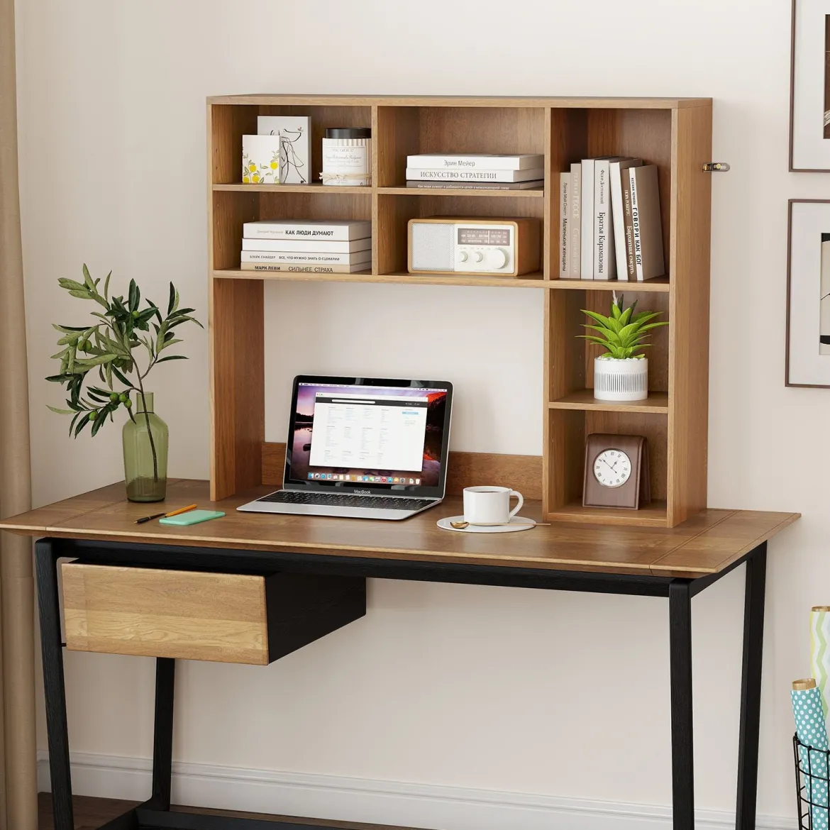 Schreibtischregal Tischregal mit 7 Fächern Schreibtisch Aufsatzregal für Monitore bis zu 27"94 x 25 x 79 cm Natur