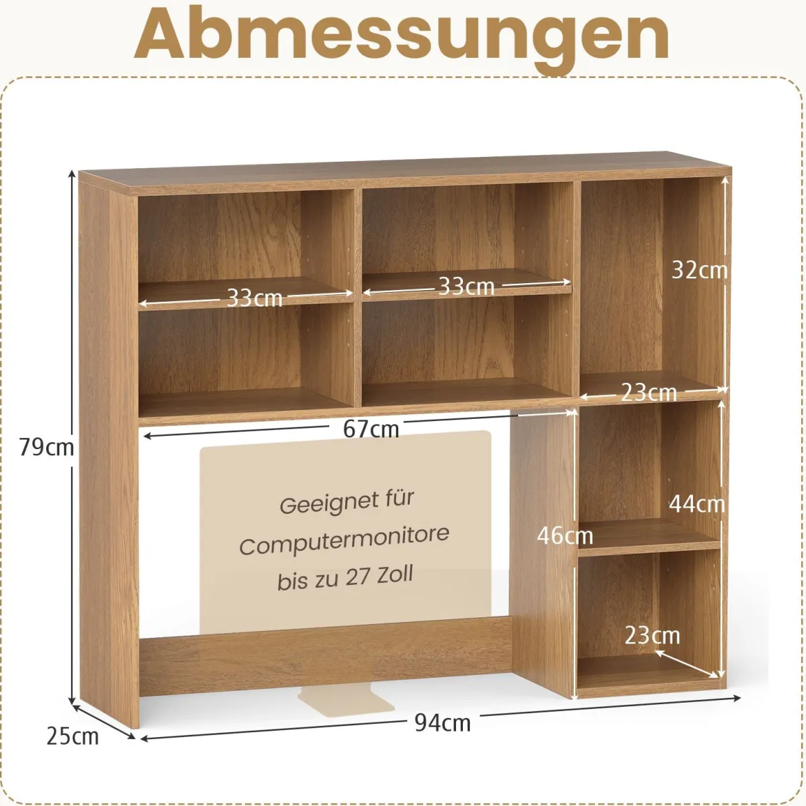 Schreibtischregal Tischregal mit 7 Fächern Schreibtisch Aufsatzregal für Monitore bis zu 27"94 x 25 x 79 cm Natur
