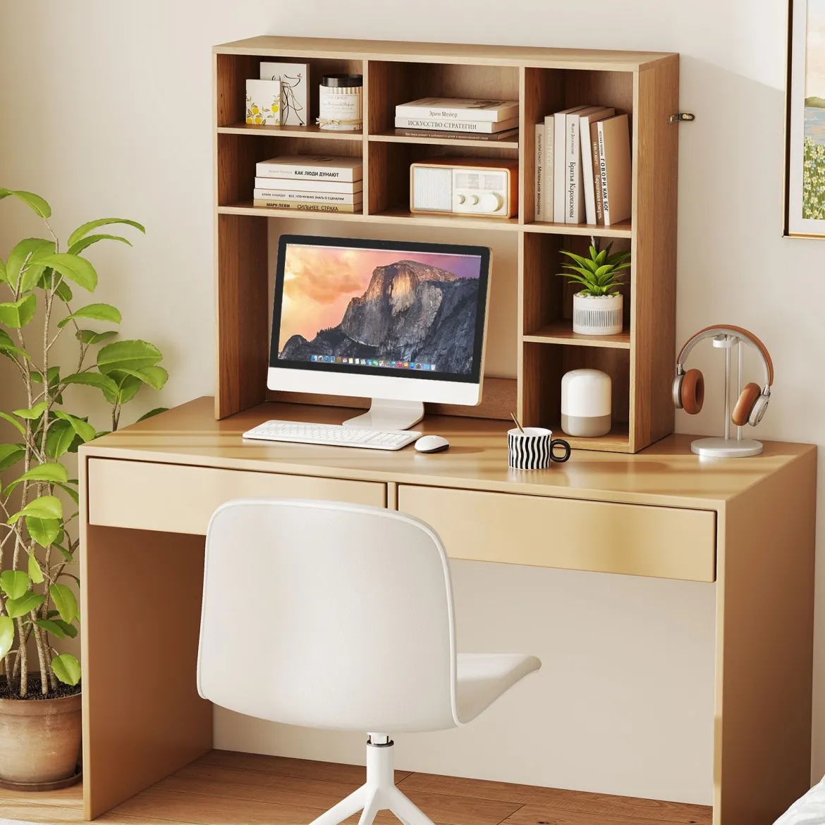 Schreibtischregal Tischregal mit 7 Fächern Schreibtisch Aufsatzregal für Monitore bis zu 27"94 x 25 x 79 cm Natur