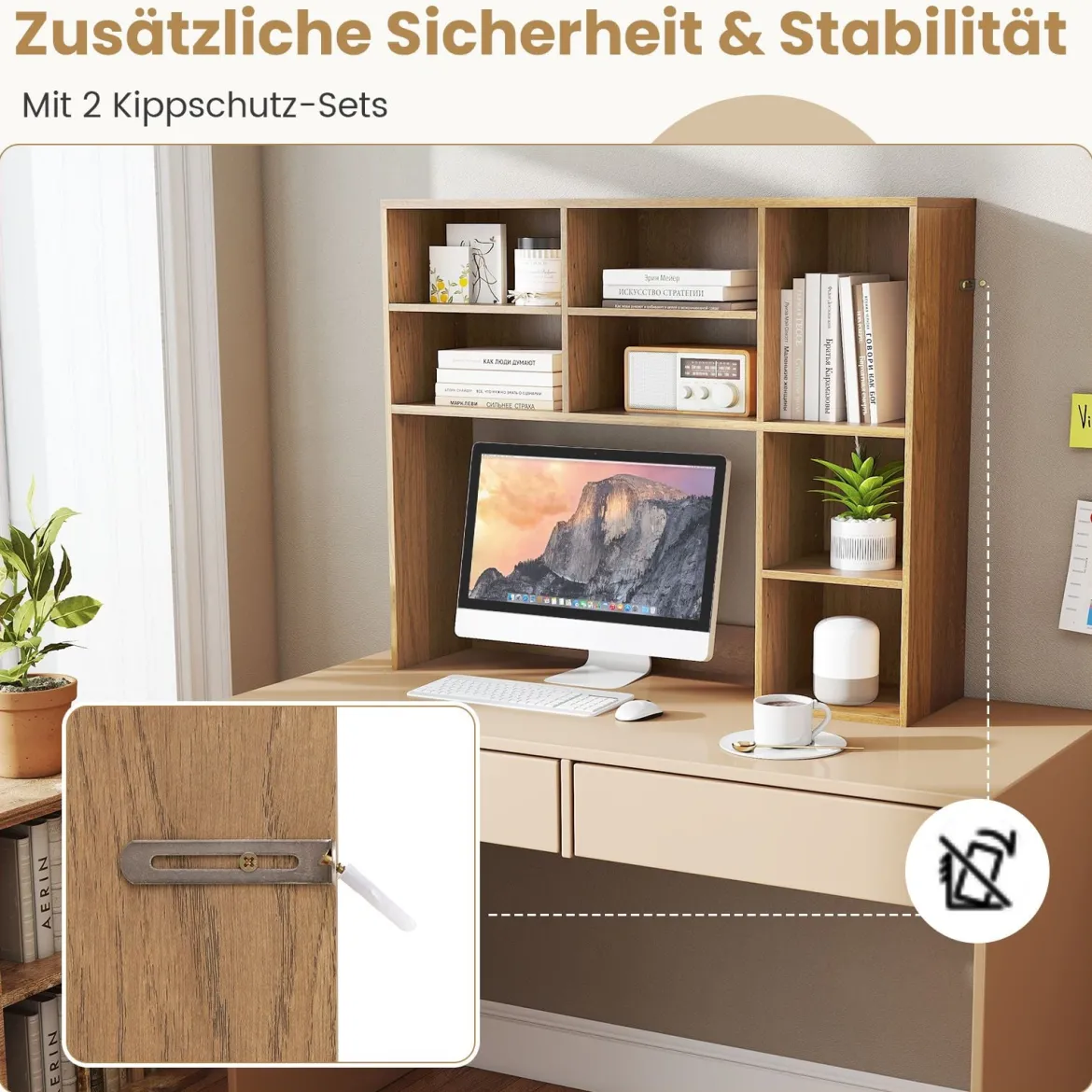 Schreibtischregal Tischregal mit 7 Fächern Schreibtisch Aufsatzregal für Monitore bis zu 27"94 x 25 x 79 cm Natur