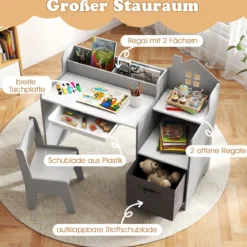 Schreibtisch- & Stuhlset für Kinder Schülertisch mit offenen Regalen Schublade & Stoffbehälter Grau