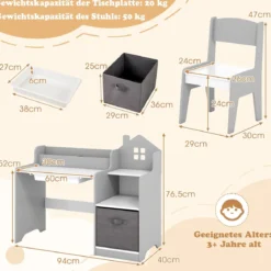 Schreibtisch- & Stuhlset für Kinder Schülertisch mit offenen Regalen Schublade & Stoffbehälter Grau