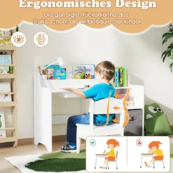 Schreibtisch- & Stuhlset für Kinder Schülertisch mit offenen Regalen Schublade & Stoffbehälter Weiß