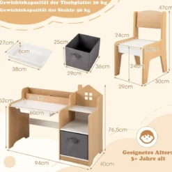 Schreibtisch- & Stuhlset für Kinder Schülertisch mit offenen Regalen Weiß + Natur