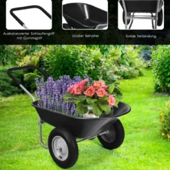 Schubkarre mit 2 Räder Schwerlast-Schublade für den Garten 145 x 65 x 65 cm Schwarz