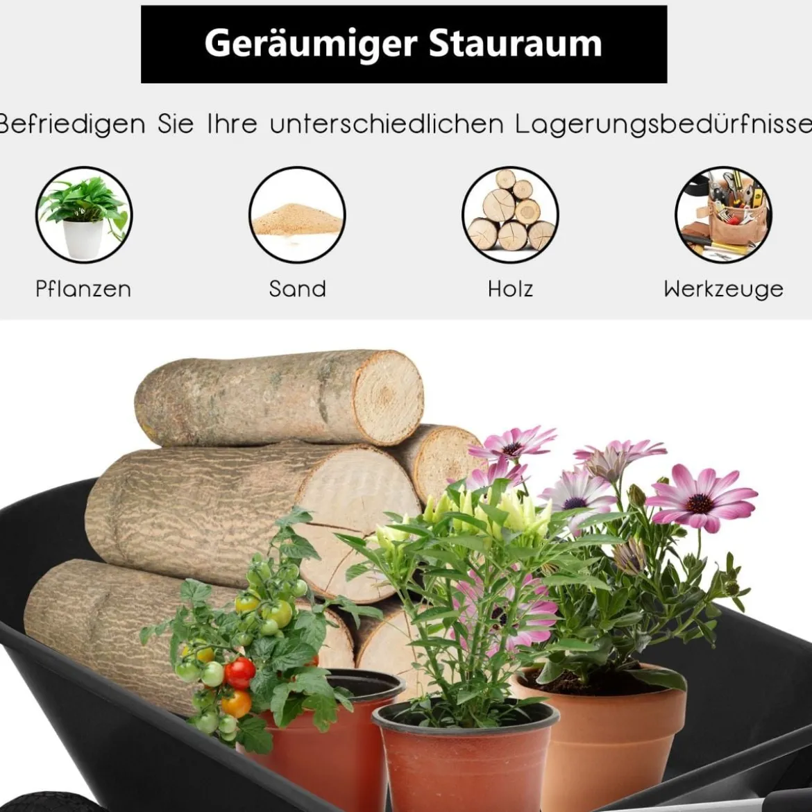 Schubkarre mit 2 Räder Schwerlast-Schublade für den Garten 145 x 65 x 65 cm Schwarz