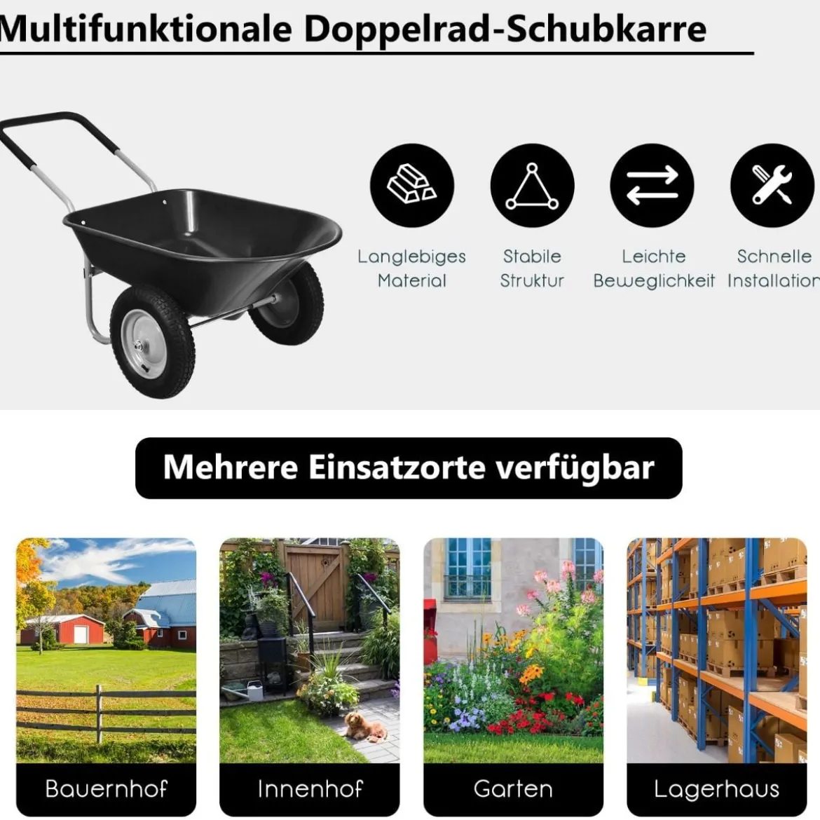 Schubkarre mit 2 Räder Schwerlast-Schublade für den Garten 145 x 65 x 65 cm Schwarz