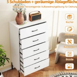5-Schubladen-Kommode moderner hoher Schubladenschrank mit Metallbeinen Weiß