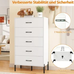 5-Schubladen-Kommode moderner hoher Schubladenschrank mit Metallbeinen Weiß