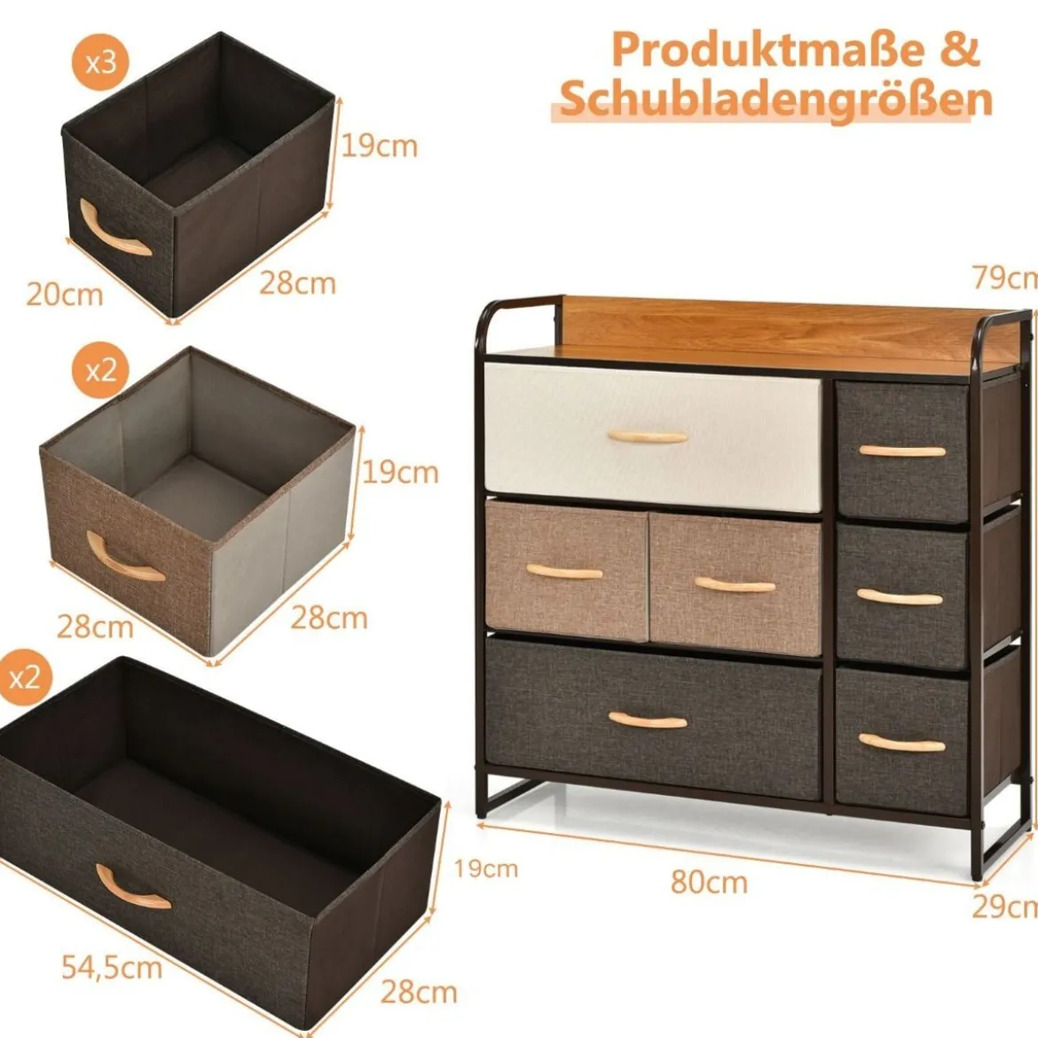 Schubladenschrank mit 7 Stoffschubladen & Stahlrahmen & Holzoberfläche Kommode