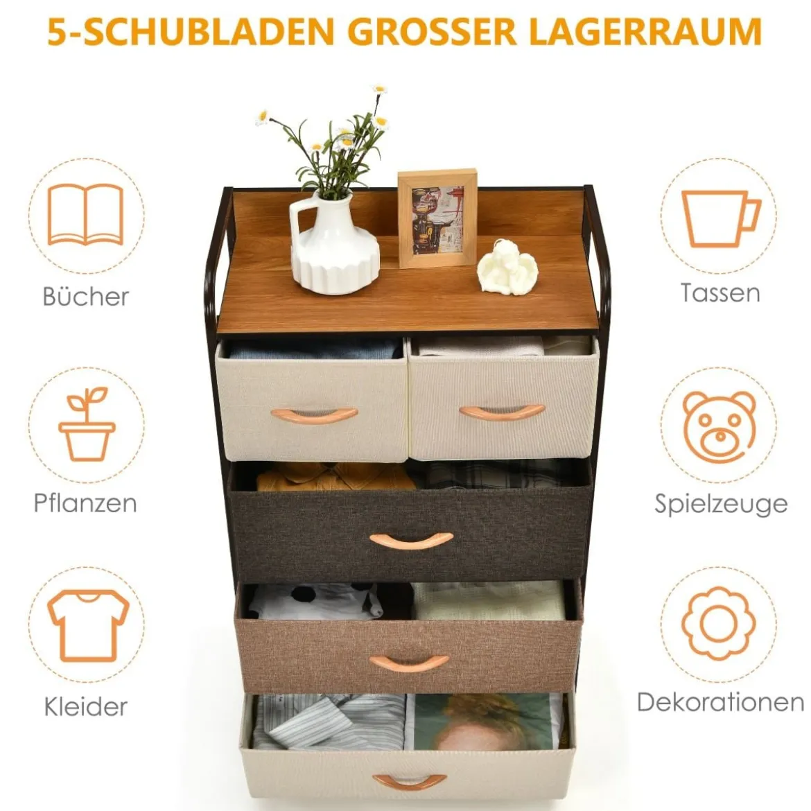 Schubladenschrank mit 5 Stoffschubladen & Stahlrahmen & Holzoberfläche Kommode