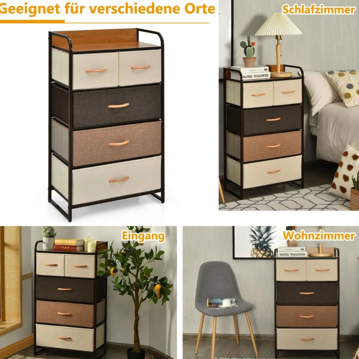 Schubladenschrank mit 5 Stoffschubladen & Stahlrahmen & Holzoberfläche Kommode