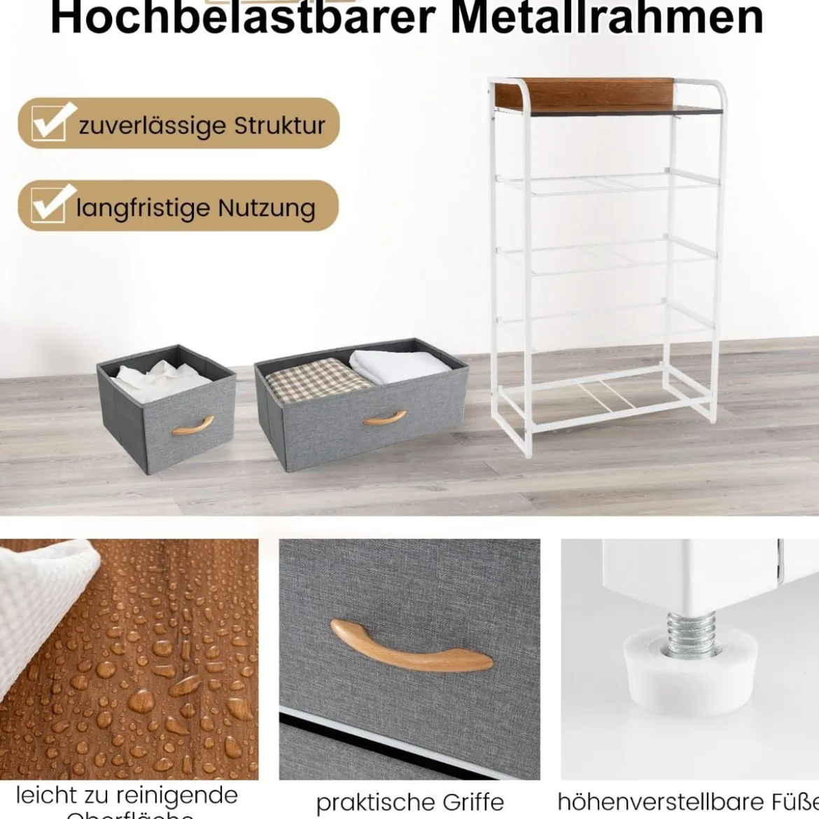 Schubladenschrank mit 5 Stoffschubladen & Stahlrahmen & Holzoberfläche Kommode