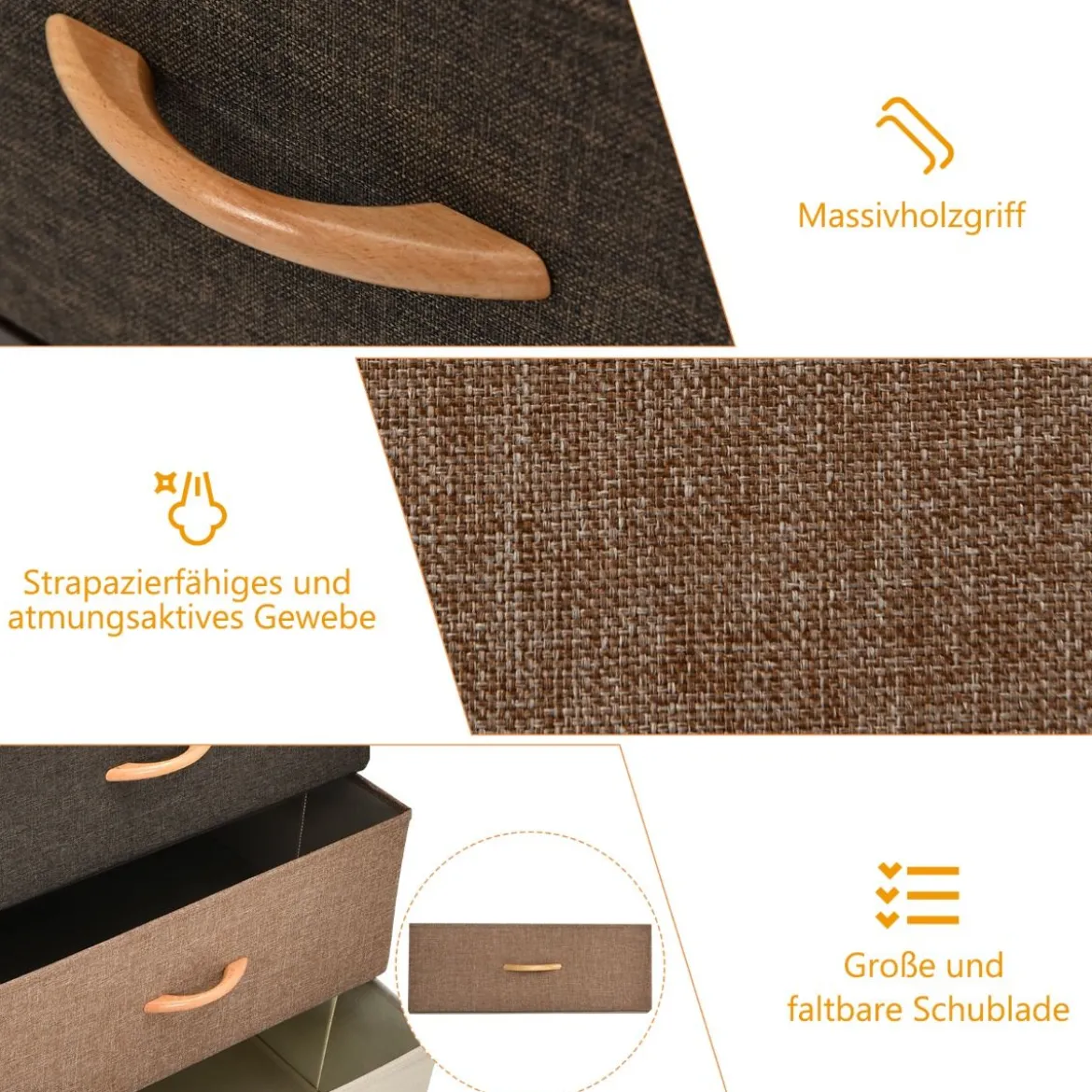 Schubladenschrank mit 5 Stoffschubladen & Stahlrahmen & Holzoberfläche Kommode