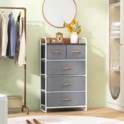 Schubladenschrank mit 5 Stoffschubladen & Stahlrahmen & Holzoberfläche Kommode