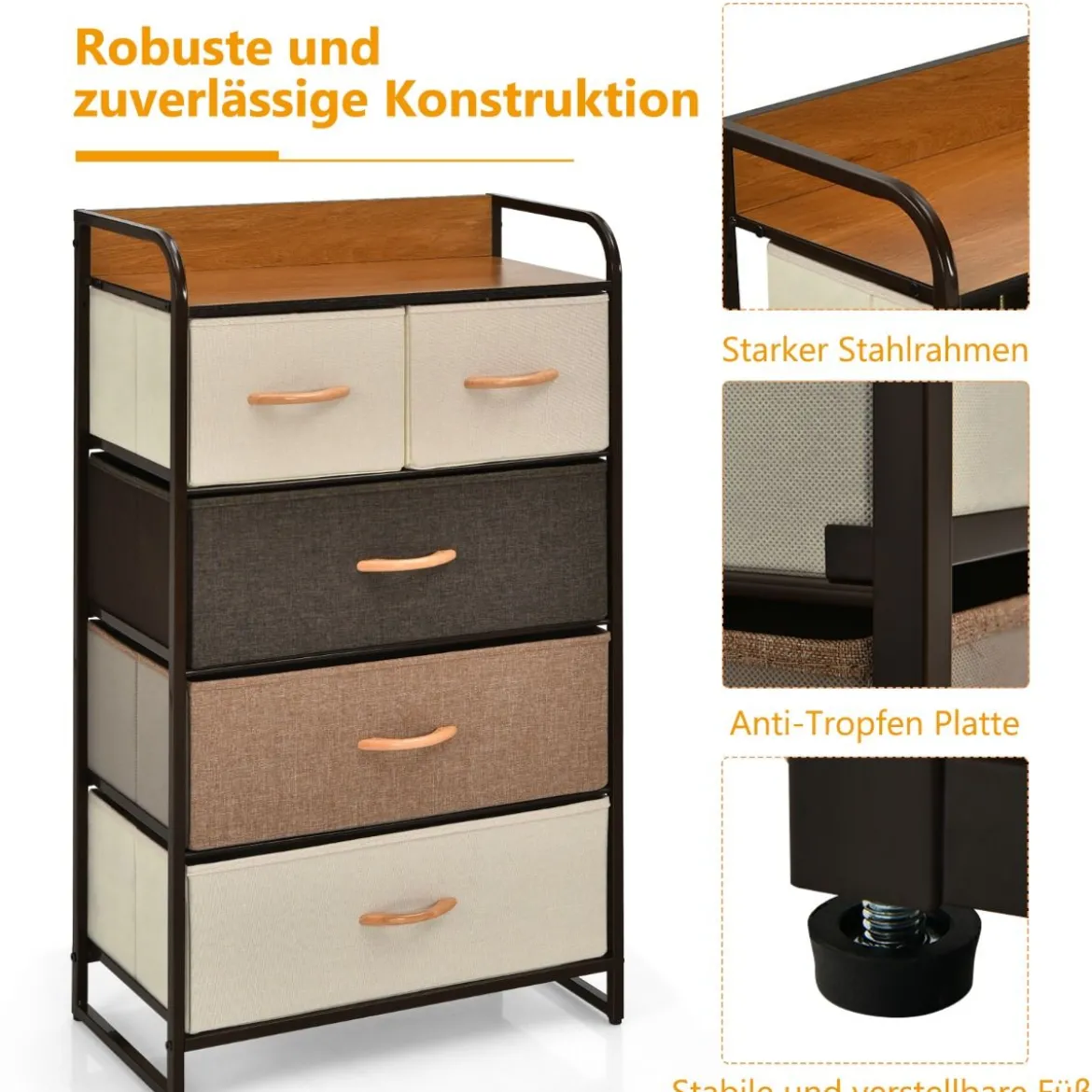 Schubladenschrank mit 5 Stoffschubladen & Stahlrahmen & Holzoberfläche Kommode