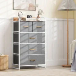 Schubladenschrank mit 5 Stoffschubladen & Stahlrahmen & Holzoberfläche Kommode