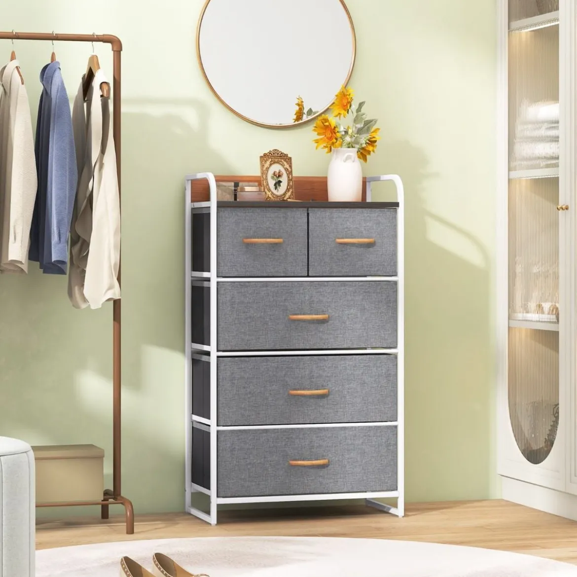 Schubladenschrank mit 5 Stoffschubladen & Stahlrahmen & Holzoberfläche Kommode