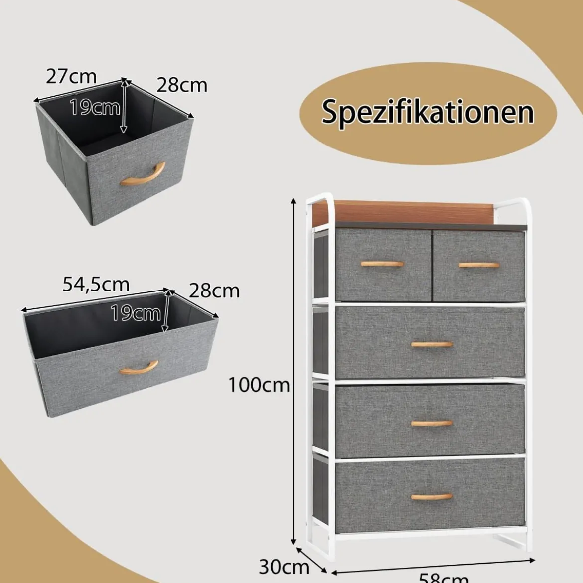 Schubladenschrank mit 5 Stoffschubladen & Stahlrahmen & Holzoberfläche Kommode