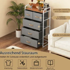 Schubladenschrank mit 5 Stoffschubladen & Stahlrahmen & Holzoberfläche Kommode