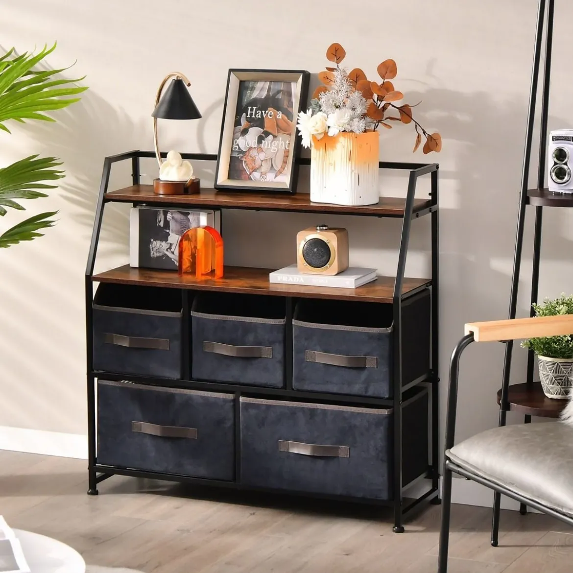 5 Schubladen Sideboard mit Stoffschubladen Stoffkommode mit Ablage & Kippsicherung 84 x 30 x 85 cm