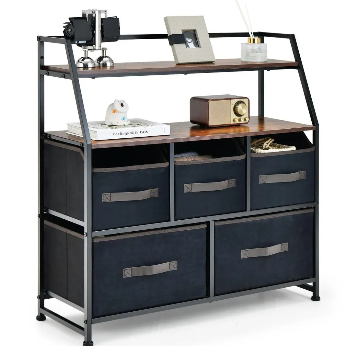 5 Schubladen Sideboard mit Stoffschubladen Stoffkommode mit Ablage & Kippsicherung 84 x 30 x 85 cm