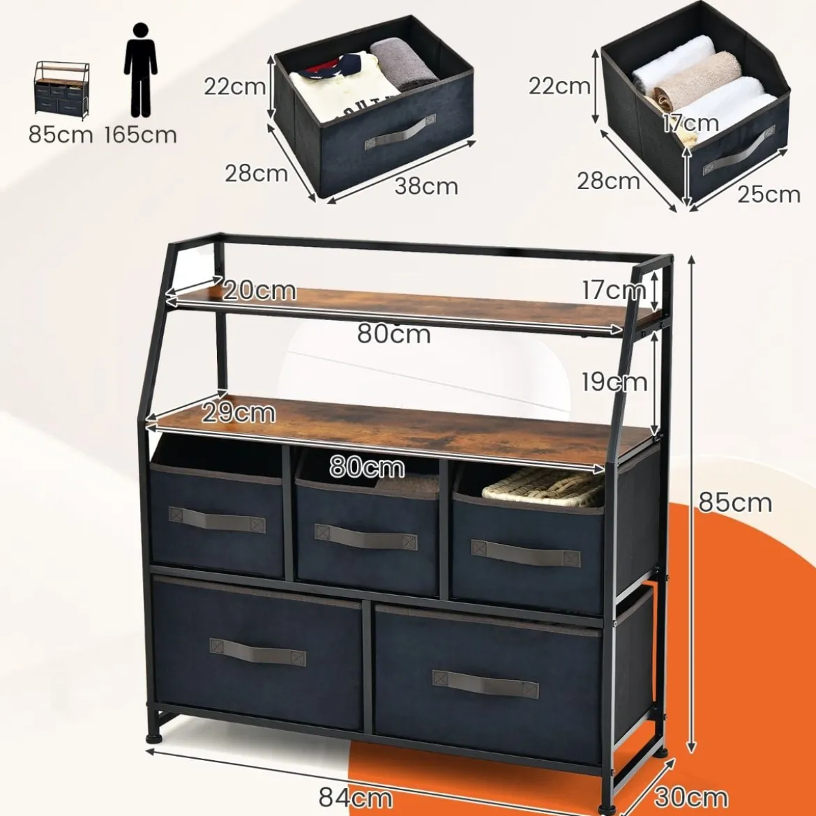 5 Schubladen Sideboard mit Stoffschubladen Stoffkommode mit Ablage & Kippsicherung 84 x 30 x 85 cm