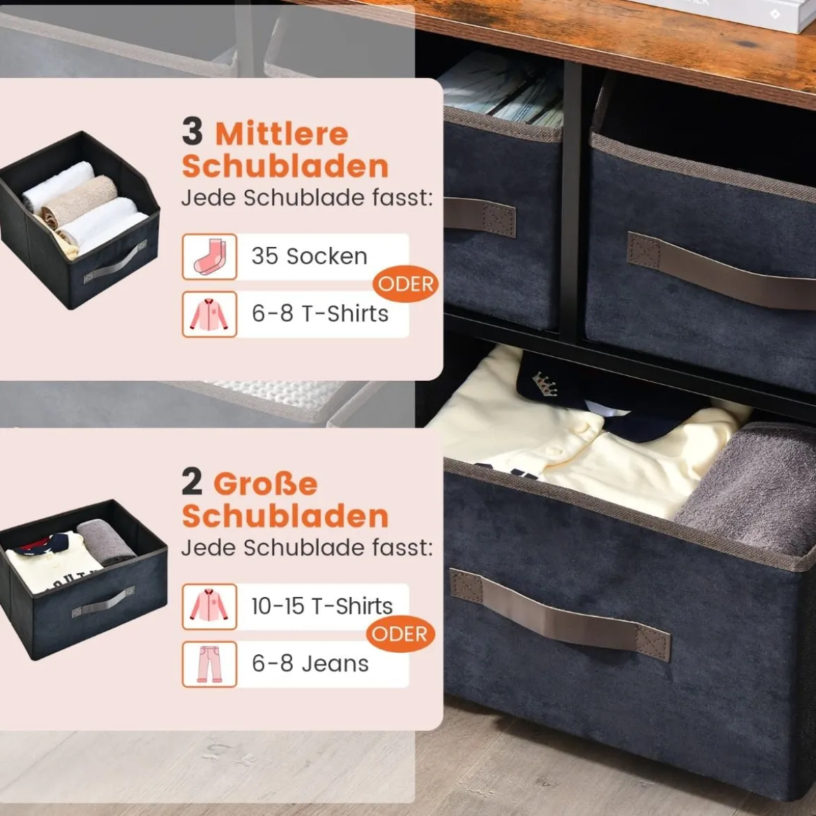 5 Schubladen Sideboard mit Stoffschubladen Stoffkommode mit Ablage & Kippsicherung 84 x 30 x 85 cm