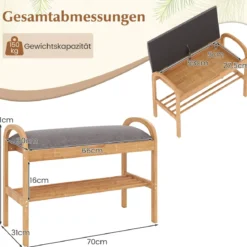 Schuhbank aus Bambus mit Stauraum 2-stufiges Schuhregal mit gepolstertem Sitzkissen 70 x 31,5 x 51 cm Natur & Grau